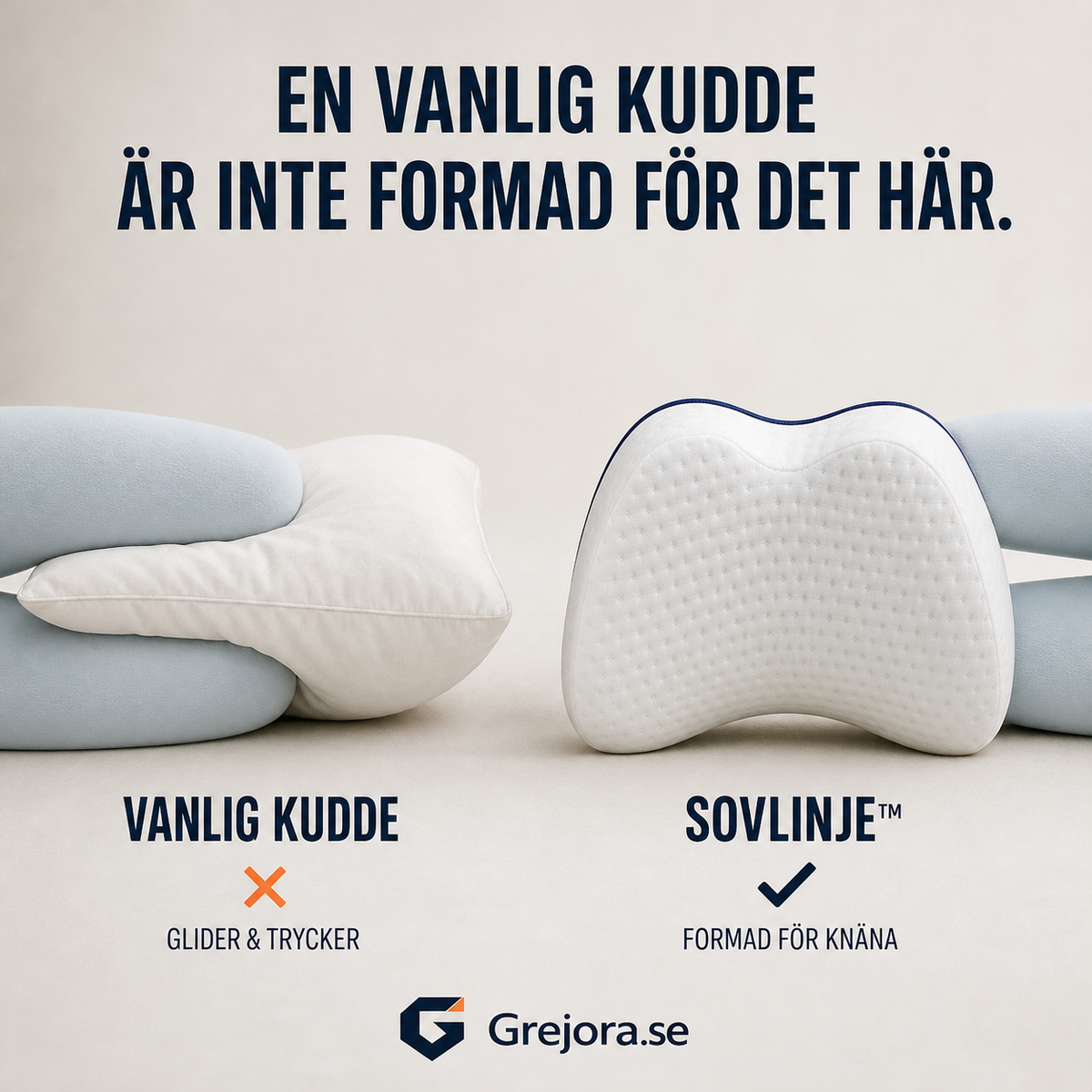 Jämförelse mellan vanlig kudde och Grejora SovLinje knäkudde