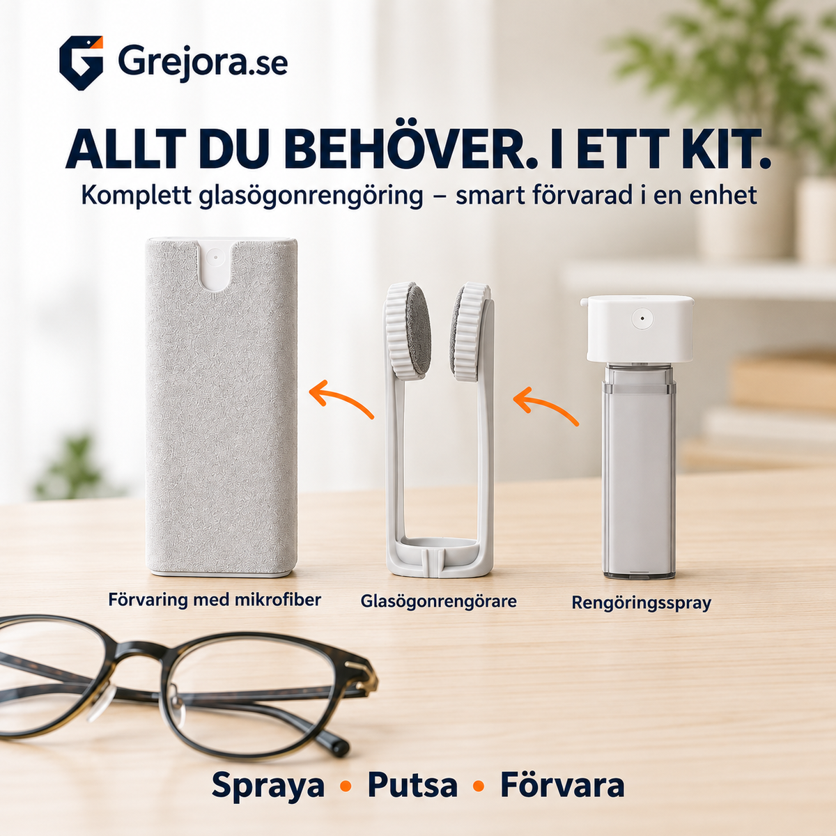 KlarSikt – kompakt rengöringskit för glasögon med spray och mikrofiber