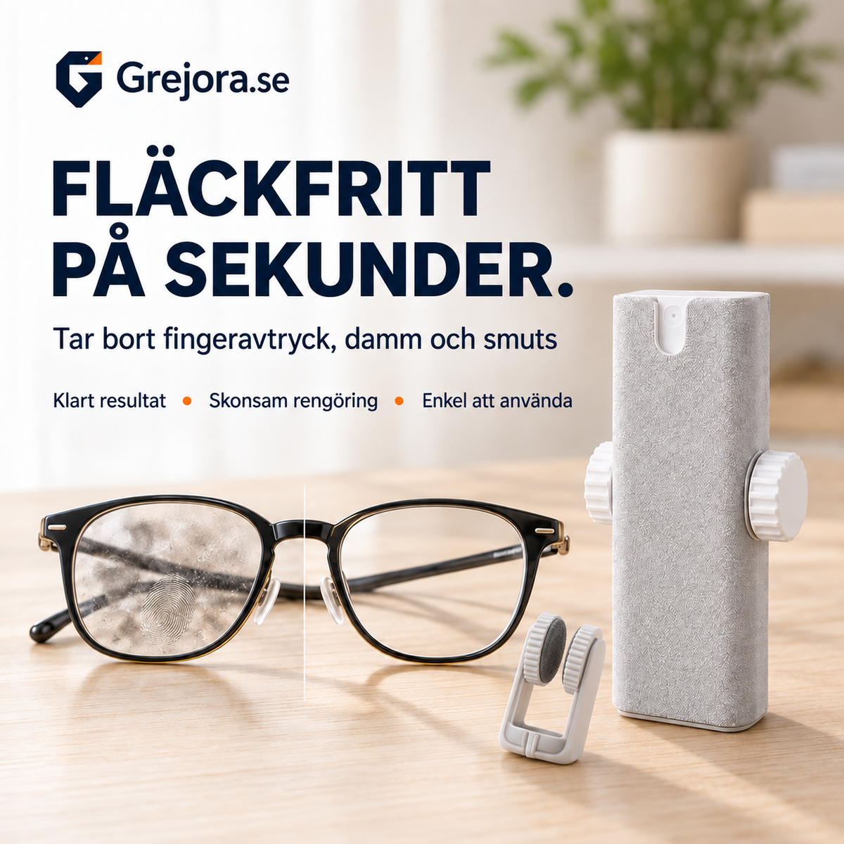 KlarSikt – kompakt rengöringskit för glasögon med spray och mikrofiber