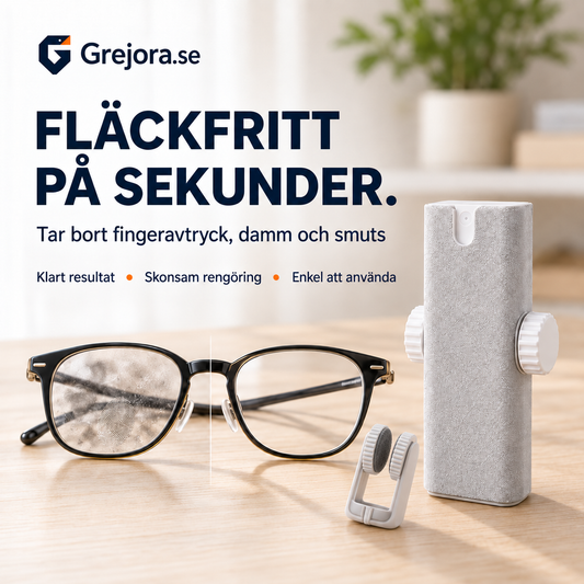 KlarSikt – kompakt rengöringskit för glasögon med spray och mikrofiber