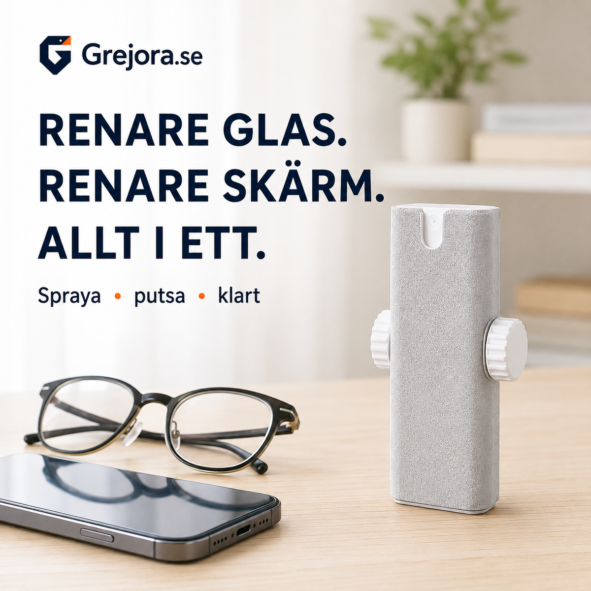 KlarSikt – kompakt rengöringskit för glasögon med spray och mikrofiber